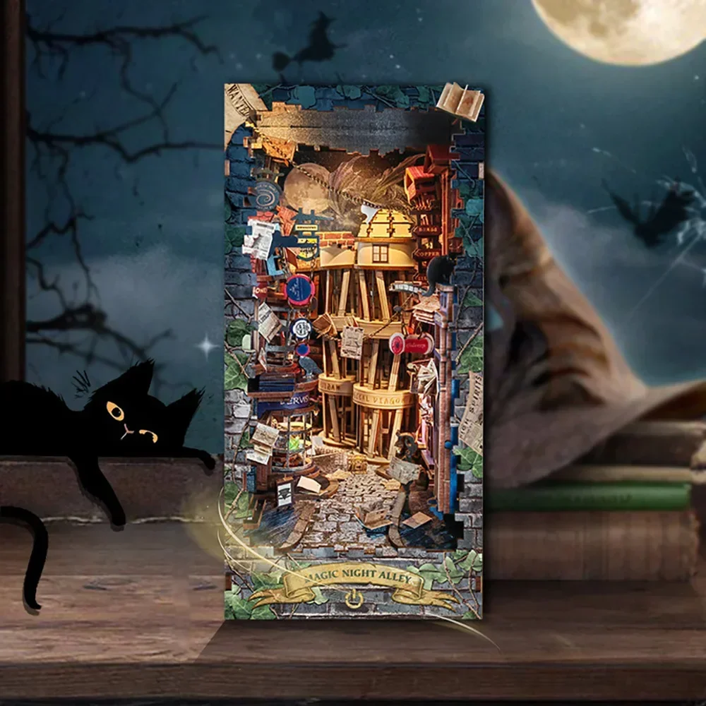 Diy Wooden Book Nook Kit Shelf Insert - Retro DIY Sihirli Gece Sokakları Ahşap